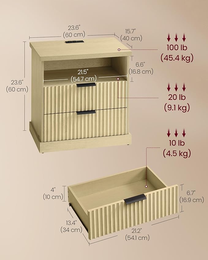 VASAGLE MAXE Collection - Set of 2 Nightstands with Charging Station, Bedside Table, Side End Table with 2 Drawers, Open Shelf, 2 AC Outlets, 2 USB Ports, Transitional, Bedroom, Oak Beige ULET926Y01