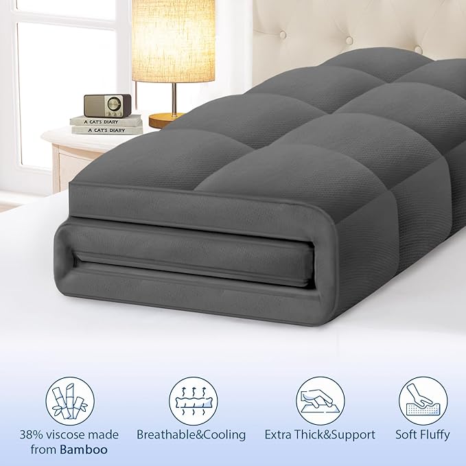 ELEMUSE Queen Grey Cooling Bamboo Viscose Mattress Topper for Back Pain, Extra Thick Mattress Pad Cover, Plush Soft Pillowtop with Elastic Deep Pocket, Overfilled Down Alternative Filling