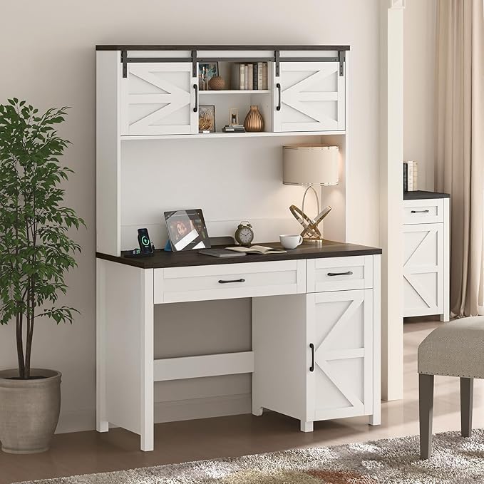 Farmhouse 47" Executive Desk, Computer Desk with 2 Drawers and Storage Cabinet, Home Office Desk with Hutch, Charging Hub, Workspace for Work and Study,Black