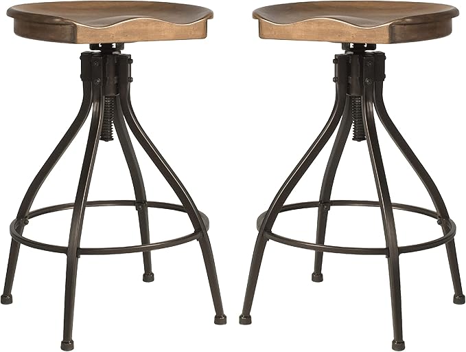 Hillsdale Worland Backless Metal Adjustable Height Stool with Wood Saddle Seat, Set of 2, Brown