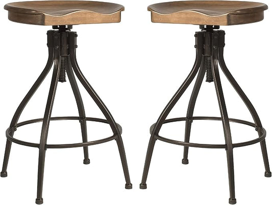 Hillsdale Worland Backless Metal Adjustable Height Stool with Wood Saddle Seat, Set of 2, Brown