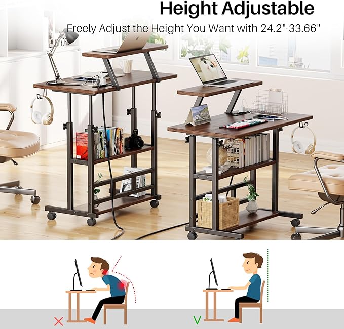 Adjustable Height Standing Desk with Power Outlets, Rolling Stand Up Desk with Monitor Stand and Storage Shelves, 31.5" Small Mobile Computer Desk, Portable Laptop Table (Retro Brown)