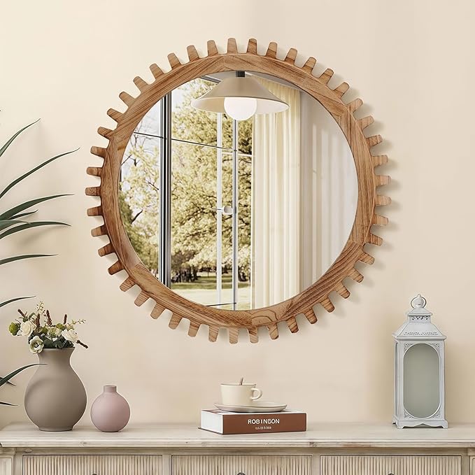 ULIKE Round Wood Mirror, 30 Inch Rustic Farmhouse Circle Mirror with Wooden Frame, Mordern Wall Decor for Bathroom Nursery Bedroom Living Room Entryway, Brown