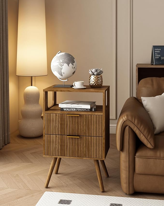 Nightstand,Modern Bedside Table with 2 Storage Drawer and Open Wood Shelf, for Bedroom and Small Spaces,Night Stand with Solid Wood Legs,Walnut Brown