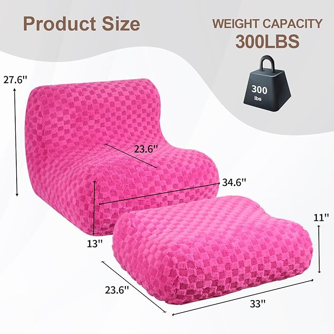 Bean Bag Chair with Footstool, Comfy Reading Sofa Chair for Adults, Modern Floor Sofa for Livingroom, Bedroom, Pink