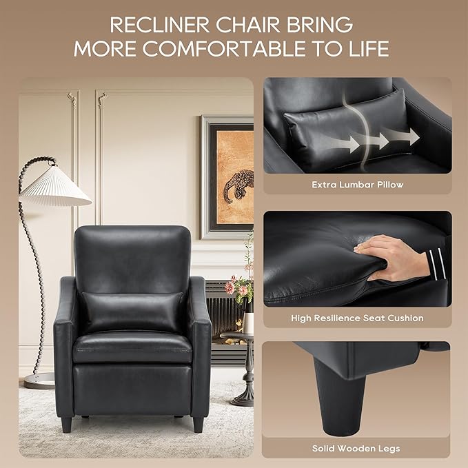 COLAMY Pushback Electric Recliner Chair, Premium Leather Upholstery with Adjustable Angles, Extra Lumbar Pillow, Built-in Charging Port, Business-Casual Style for Living Room（Black