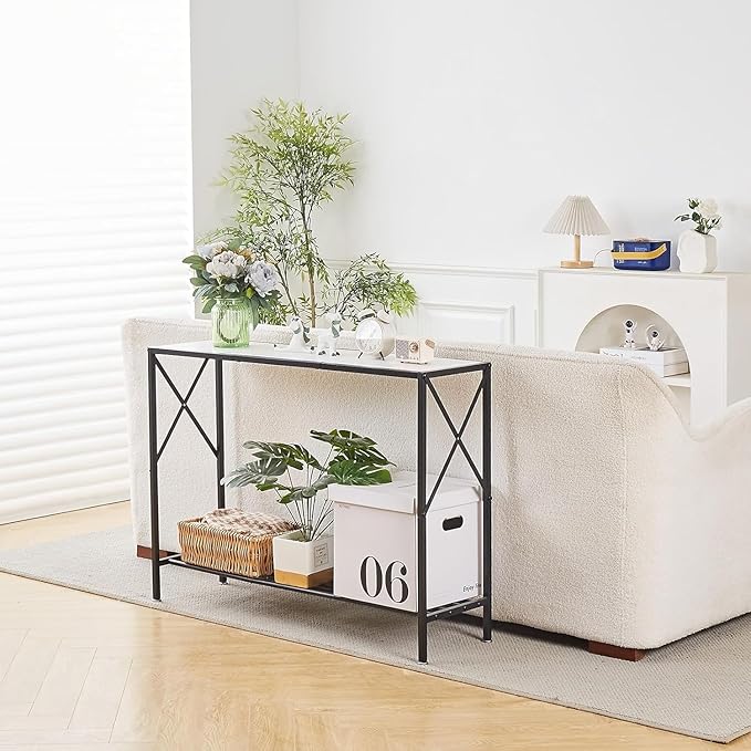 Wimarsbon Console Table,Multifunctional Sofa Side Table with Shelves,Behind Couch TV Tables with Metal Frame,Accent Display Stand for Hallway,Entrance (41.9" 2-Layer White Faux Marble + Black Frame)