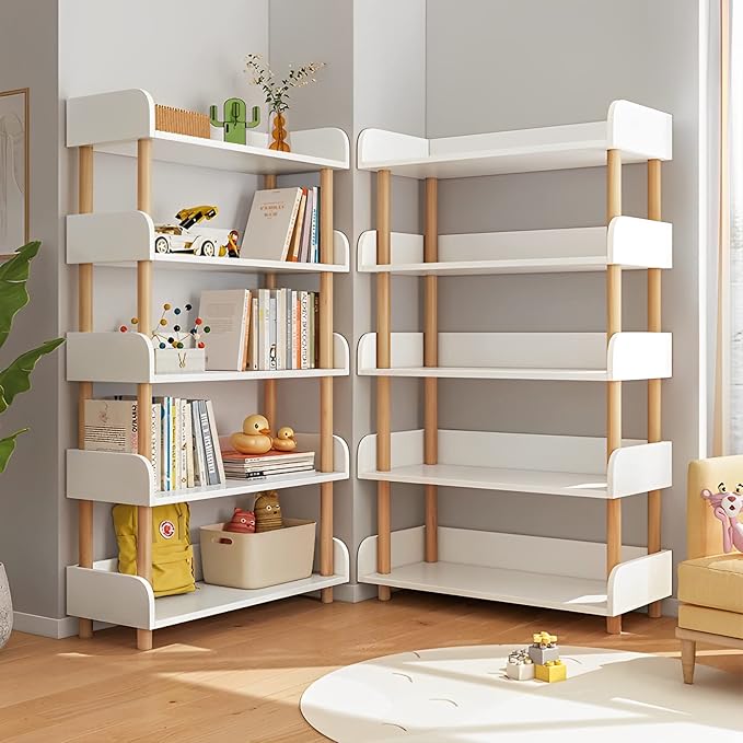 5-Tier Wooden Open Bookcase - Modern Display Bookshelf with Side Panels and Solid Wood Frame for Home and Office, Shelf Unit in Warm White