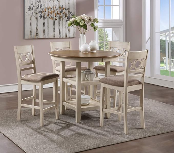 New Classic Furniture Cori 5-Piece Round Counter Dining Set with 1 Dining Table and 4 Chairs, 42-Inch, Beige and Brown