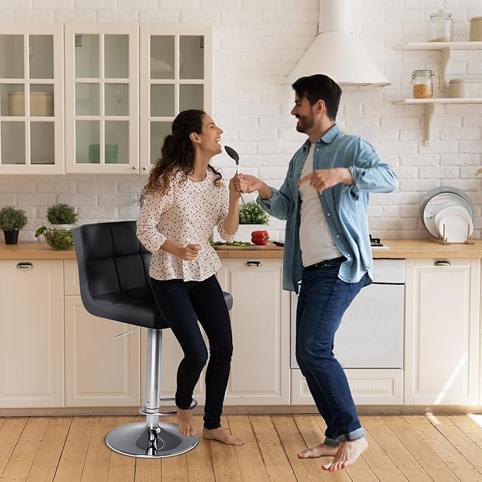DUMOS Bar Stools Set of 2, Armless Adjustable Swivel Barstools, PU Leather Hydraulic Kitchen Counter Height Bar Stools, Thickened Seat Cushion Square Island Barstools with Back, Dark Black