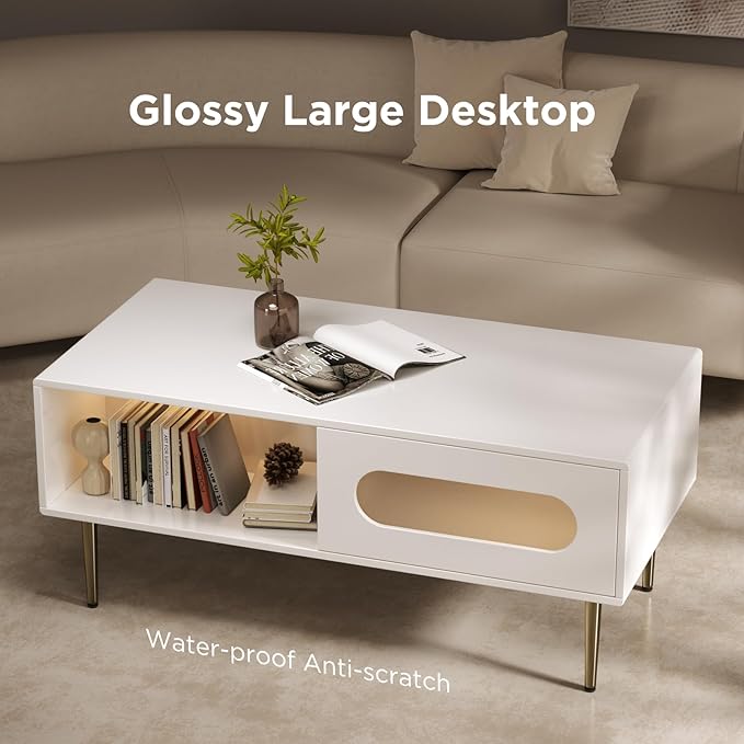 Modern Coffee Table for Living Room - LED Living Room Table with 4 Storage Compartments, Semi See-Through Sliding Doors - Glossy Finish, Metal Legs, Rounded Edges - Contemporary Home Furniture
