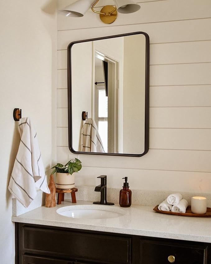 ANDY STAR Bronze Mirror for Wall, 20x28 Rounded Rectangle Farmhouse Mirror, Brushed Bronze Bathroom Mirror for Wall, Modern Vanity Mirror in Metal Frame Hang Vertically or Horizontally