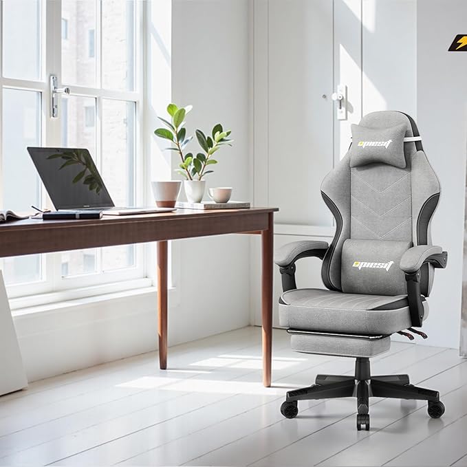 Gaming Chair,Fabric Computer Chair with Pocket Spring Cushion,400 lb Load Capacity,Ergonomic Office Chair with Footrest,Height Adjustable Video Gamer Chair with Lumbar Support (Grey)