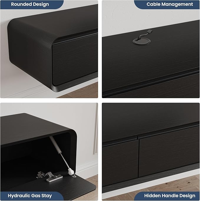 Fully-Assembled Minimalist Floating TV Stand, Modern Wall-Mounted Entertainment Center with 3 Flip-Down Cabinet Doors, Solid Wood, Black Oak, 78"