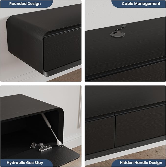 Fully-Assembled Minimalist Floating TV Stand, Modern Wall-Mounted Entertainment Center with 4 Flip-Down Cabinet Doors, Solid Wood Media Console, Black Oak, 94"