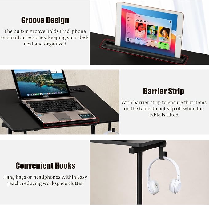 SIDUCAL Standing Desk Height Adjustable with Tiltable Tabletop, Rolling Laptop Desk with Charging Station, Sit Stand Portable Stand Up Desk with Wheels, Black