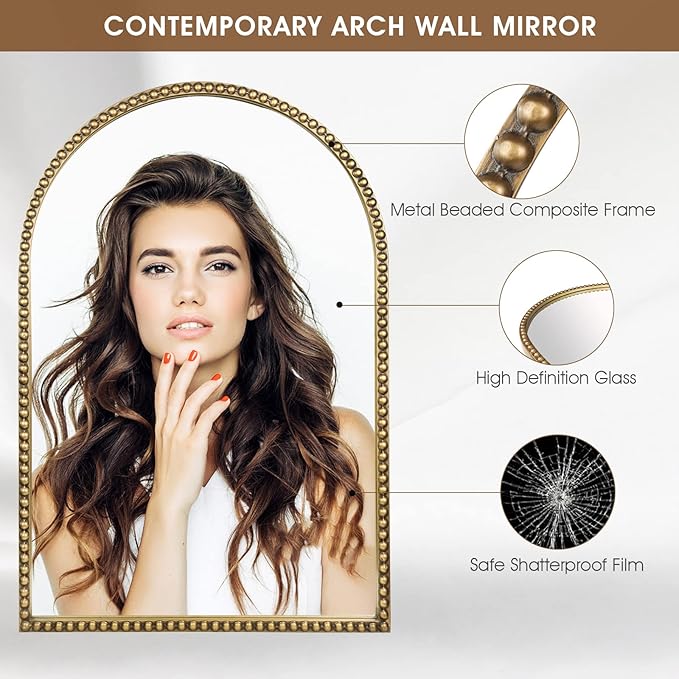 Arched Wall Mirror for Bathroom - 24"x36" Metal Beaded Frame Decorative Accent Mirror, Large Modern Rustic Distressed Hanging Wall Decor for Washroom, Bedroom, Living Room, Entryway, Antique Gold
