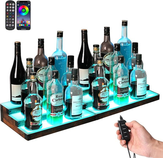 2 Pack 16 Inch LED Lighted Liquor Bottle Display Shelf, 3 Tier LED Bar Shelves, RGB Acrylic Bar Shelf with RF & App Control, 7 Colors, Music Sync& 1-4H Timming, Wine Rack Stand for Bar, KTV, Party