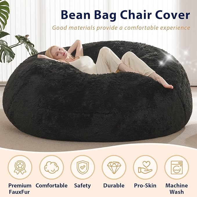 Bean Bag Cover(No Filler), Fluffy Beanbag Chairs Cover Only, Stuffed Animal Storage Bean Bag, Washable Lazy Sofa Beanbag Cover without Filler, 6FT, Black