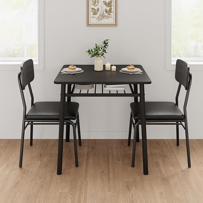 IDEALHOUSE 3-Piece Dining Table Set for 2 with Storage Rack, Wood Kitchen Table with Upholstered Chairs Set of 2, Small Square Table Set with Metal Legs Support, for Dining Room, Living Room