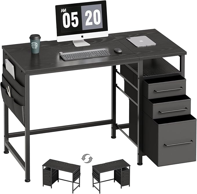 Ｍａｉｈａｉｌ Maihail Small Desk with Drawers, 40 inch Computer Desk with Shelves, Writing Desk with Storage, Small Office Desk with Metal Frame, Black