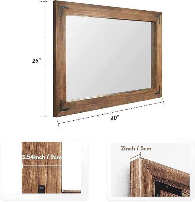 YOSHOOT Rustic Wooden Framed Wall Mirror, Natural Wood Bathroom Vanity Mirror for Farmhouse Decor, Vertical or Horizontal Hanging (40" x 26", Brown)