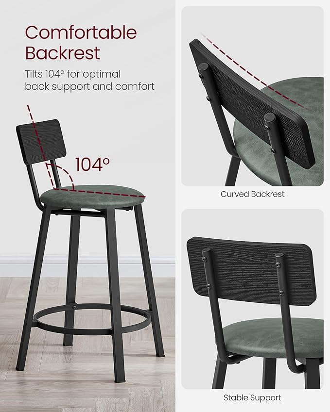 VASAGLE Bar Stools, Set of 2 PU Upholstered Breakfast Stools, 29.7-Inch Barstools with Back and Footrest, Simple Assembly, for Dining Room Kitchen Counter, Classic Black and Forest Green ULBC059C01