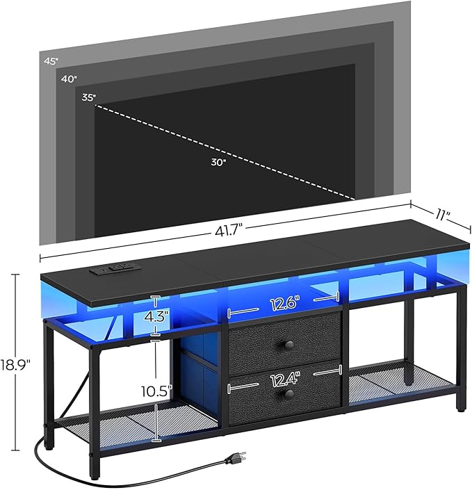 TV Stand with LED Light and Power Outlets, Entertainment Center with Fabric Drawers and Open Shelves, 41.7" TV Cabinet for TVs up to 45 Inch, Media Console for Living Room, Bedroom, DS03UDBB