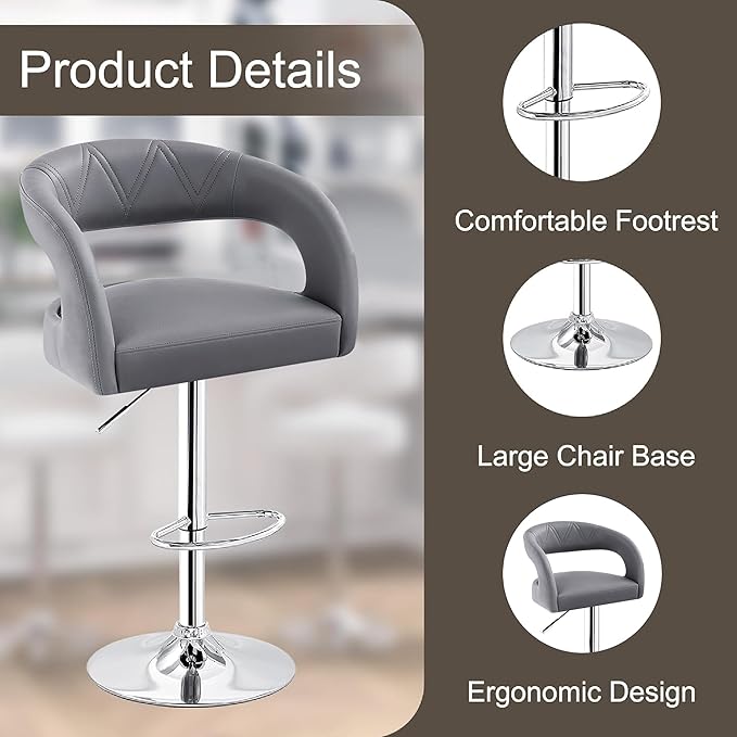 VECELO Bar Stools Set of 2 Adjustable Swivel Modern Pu Leather Barstools, Counter Bar Stools with Back and Arms, for Kitchen, Bar (Light Gry)