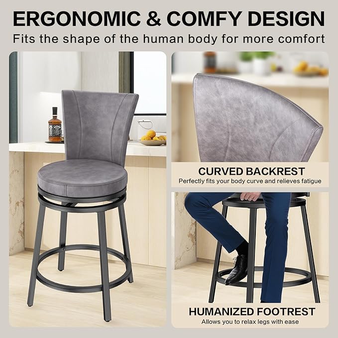 Bar Stools Set of 2, Counter Height Swivel Bar Chair with High Backrest, 24" Round Seat Barstools for Kitchen Island, Pub, Metal Base, Upholstered PU Leather Dining Chairs Grey