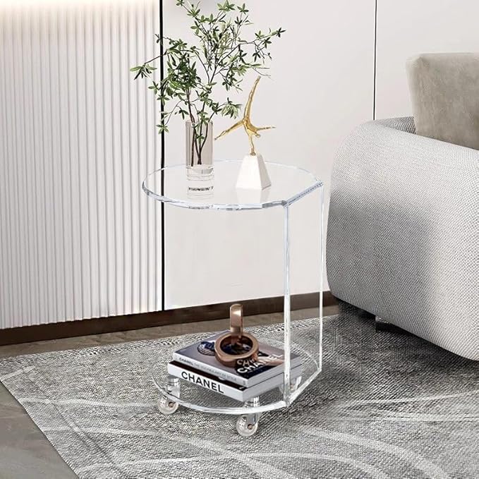 ONELUX C-Shaped Round Acrylic Side Sofa Table on Wheels,Clear Rolling Decoration Table for Living Room or Bedroom