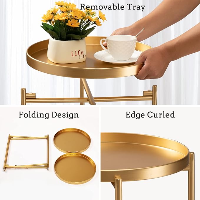 TeoKJ 2 Tier Gold Side Table, Folding Round Metal End Table Small Nightstand with Two Removable Tray for Bedroom Living Room Small Spaces Bedside Gold