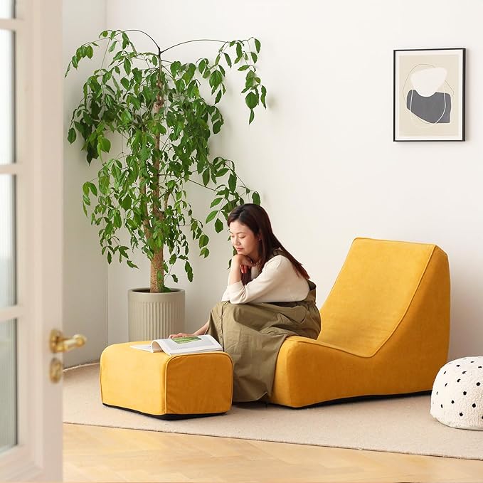 N&V Bean Bag Chair Single Seated Foam Sofa Armless Floor Sofa with High Density Foam Removable and Machine Washable Cover (Burnt Yellow, Large, No Stripes)