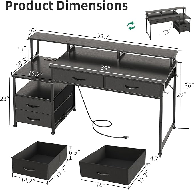 53" Computer Desk with 4 Drawers & Power Outlets, Reversible Home Office Desk with Monitor Stand & Printer Stand, Gaming Desk with Led Lights, Study Writing Work Desk Table for Bedroom (Black)