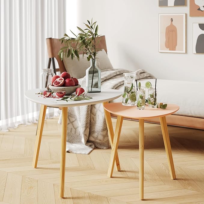 BAMEOS Bamboo Nesting Triangle End Table,Set of 2 Coffee Table Modern Minimalist Side Table for Living Room (White & Pink)