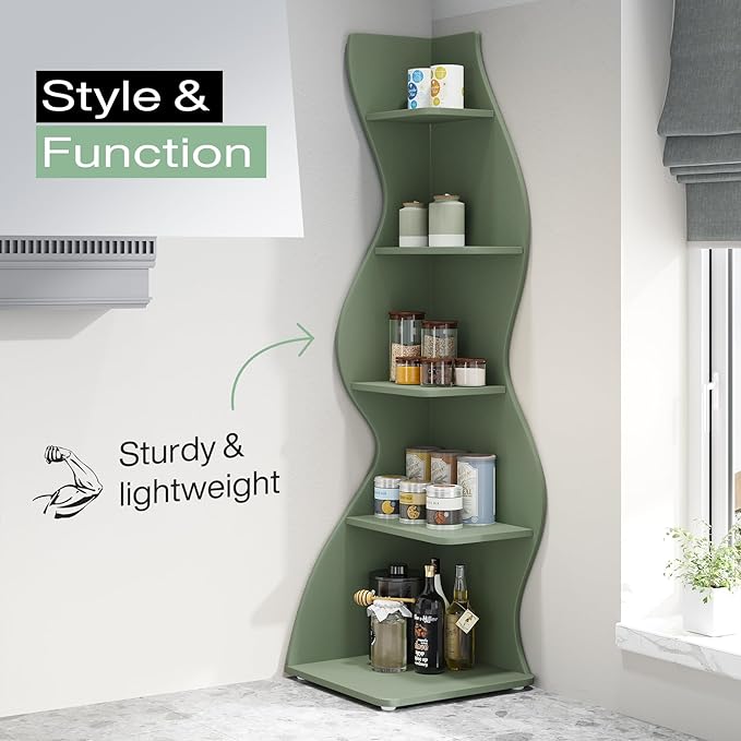 Tribesigns Corner Shelf, Modern 5-Tier Wall Corner Bookshelf, Stylish Corner Small Bookcase Storage Rack Plant Stand with Unique Shape for Living Room, Home Office (Sage Green, 2PCS)