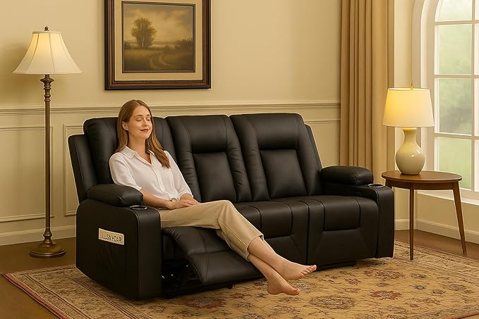 LUCKLIFE Leather Recliner Sofa Set with Manual Recliners,Living Room Furniture Set with Reclining Couch,Loveseat and Armchair,Living Room Chair with Cup Holders,Black (3+2+1)