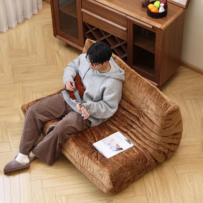 N&V Fireside Chair, Mid Century Armless Floor Sofa, Soft Premium Chenille Floor Lounge Chair, Foam Sofa Accent Chair for Living Room Bedroom and Office (Brown, Loveseat)