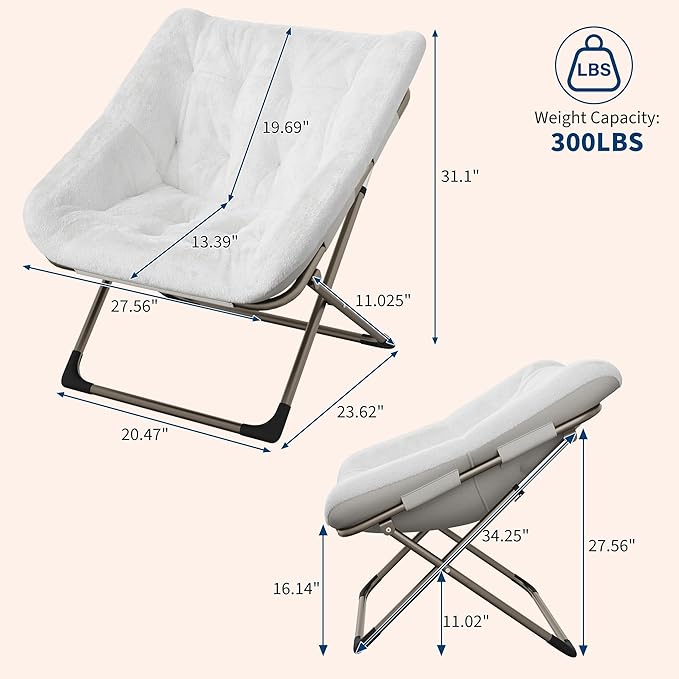 Comfy Chair for Adults, Foldable Living Room Chairs, Soft Faux Fur Folding Lounge for Bedroom Living Room Dorm Rooms, Flexible Reading Chair for Teens (2, White, X-Large)