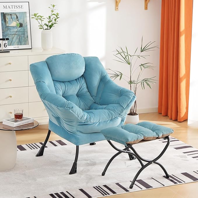Cozy Lazy Chair and Ottoman, Large Contemporary Accent Lounge Chair Set, Leisure Upholstered Reading Armchair for Bedroom, Living Room, Dorm Rooms, Office