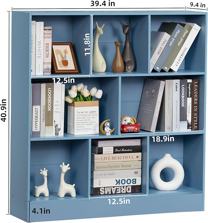 YAHARBO 3 Tier Bookshelf,Wide Kids Horizontal Bookcase,8 Cube Blue Book Shelf,Large Display Toy Storage Cabinet with Base,Floor Standing Modern Bookcases Organizer for Bedroom,Nursery,Playroom