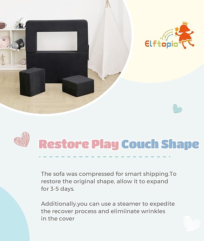 Modular Kids Sofa,Toddler Couch Foam Armchair for Kids, Children Convertible Plush Sofa Play Set,Fold Out SofaBed(Black)