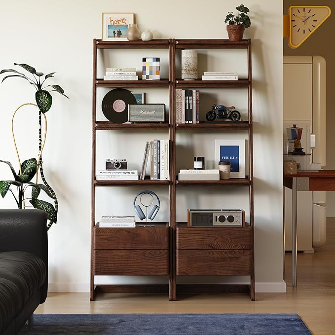 100% Solid Wood 5 Tier Ladder Shelf, Narrow Ladder Bookshelf with Drawers, 63.78" Tall Wood Bookcase Storage Rack Organizer, Freestanding Storage Shelve for Living Room Bedroom
