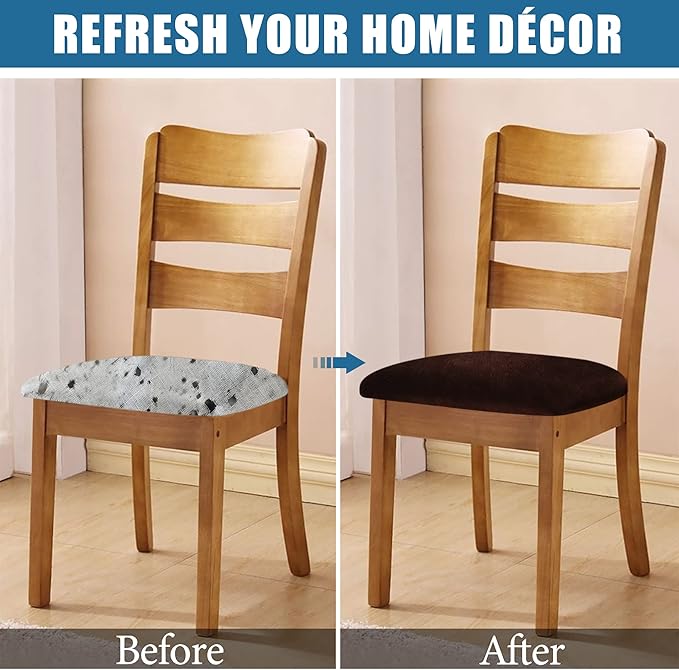Smiry Velvet Seat Covers for Dining Room Chair Set of 4, Stretch Fit Removable Washable Chair Seat Cushion Protector Slipcovers with Ties, Coffee