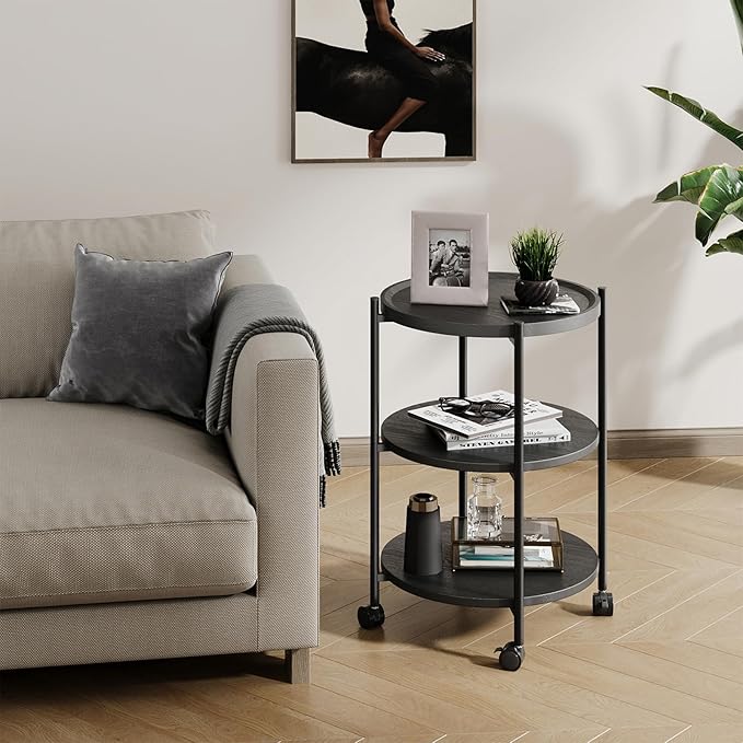 Side Table, 3-Tier Modern End Table with Wheels, Small Round Nightstand Bedside Table for Living Room, Bedroom, or Small Spaces-Black