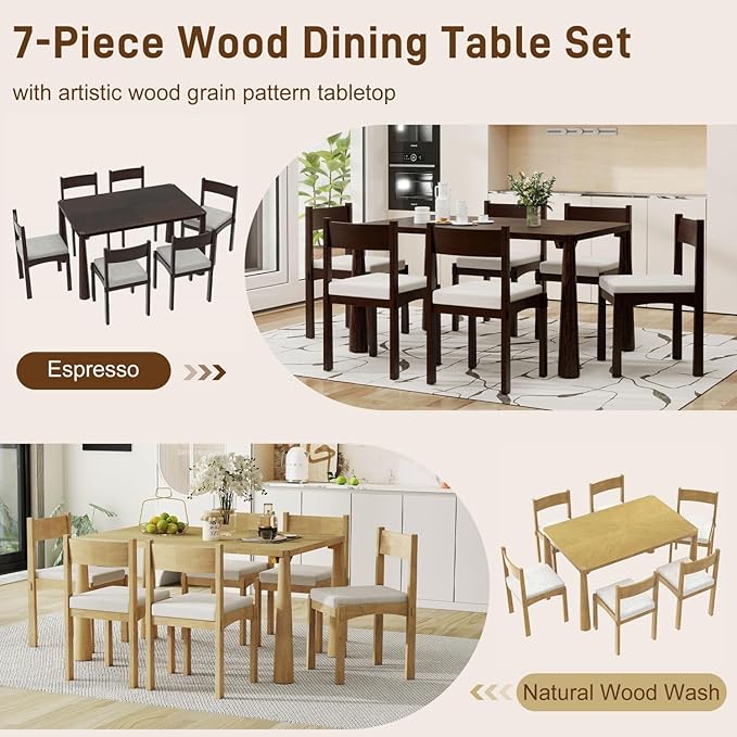 Dining Table with Chairs Set of 6, 7-Piece 60" Farmhouse Rectangular Dining Room Table with 6 Upholstered Solid Wood Chairs, Space Saving Kitchen Tables for Small Place, Natural Rubber Wood
