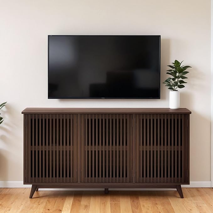 Plank+Beam Mid-Century Modern Wood TV Stand, Three Door Solid Wood Entertainment Console with Storage, 59" L x 16" W x 30" H, Walnut