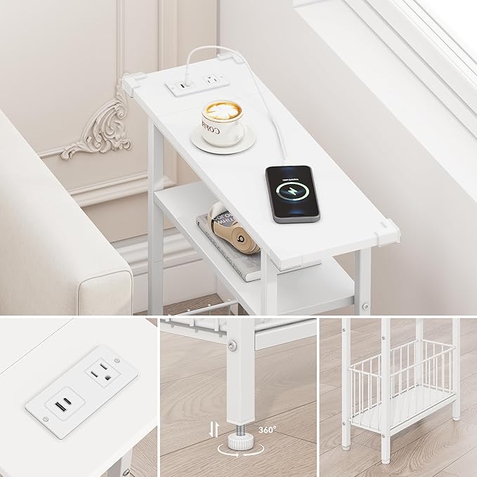 Vagusicc Narrow Side Table with Charging Station, Skinny Side End Table for Couch, 3-Tier Small End Tables for Small Spaces, 25.2" Tall Slim Nightstand Bedside Table for Living Room, Bedroom, White