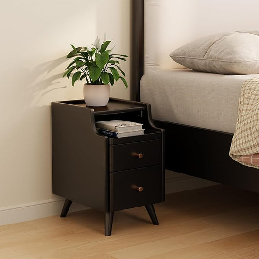Wood Nightstand, Black Nightstand with 2 Drawers, Bedside Table for Bedroom