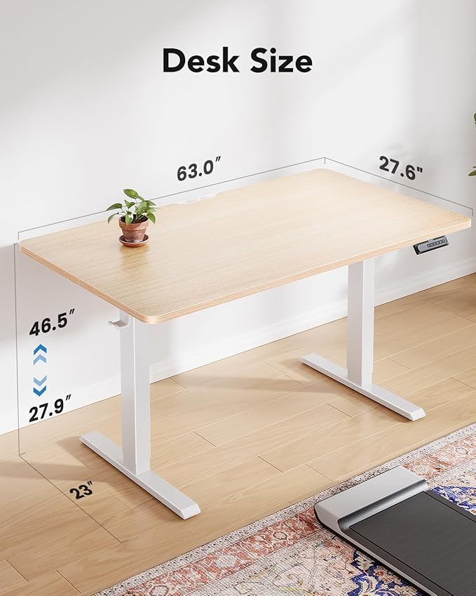 HUANUO 63" x 28" Electric Standing Desk Adjustable Height, 4 Memory Height Settings, Headphone Hook, Cable Manager, Sit Stand Up Desk for Home Office & Computer Workstation, Nature